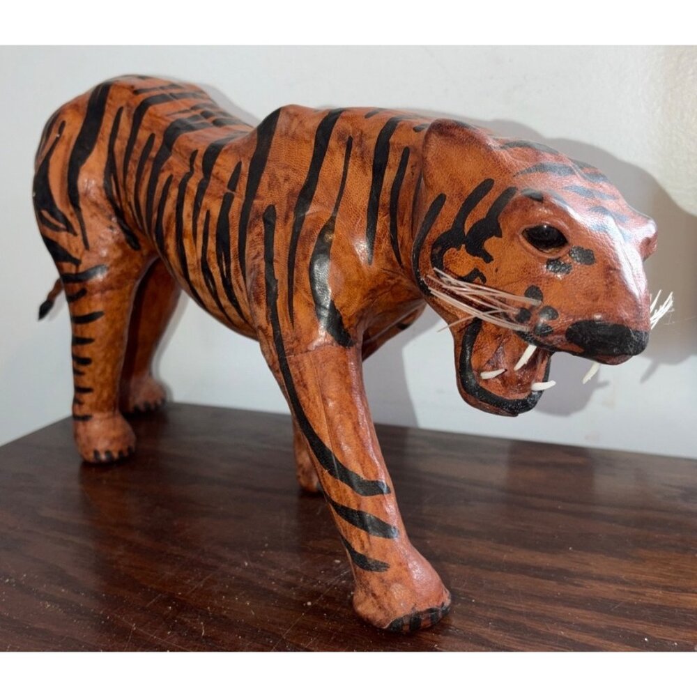 Handcrafted In India Leather Tiger Figurine VTG 1960s Genuine Leather Striped